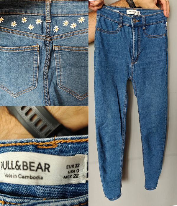 Spodnie jeansy pull&bear ręcznie robione kwiatki 32