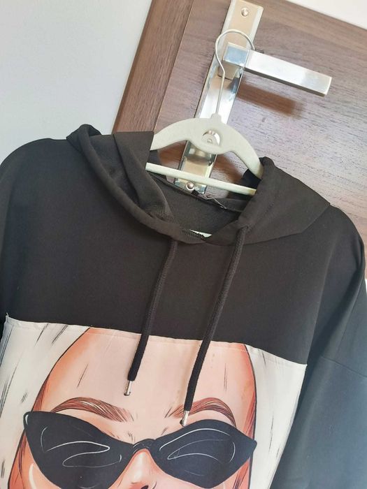 Długa Oryginalna bluza z kieszeniami i kapturem, bawełniana_S