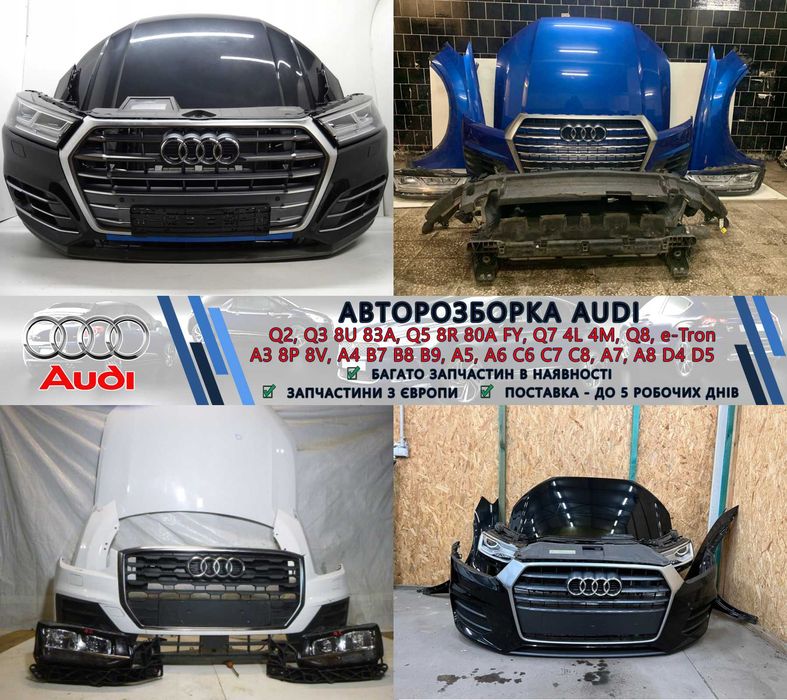Разборка шрот запчастини Audi E-Tron Q2 Q3 Q4 Q5 Q6 Q7 Q8 TT, A3 8V 8Y A4 B8 B9 A5 8T F5 A7 4K 4G A6 C6 C7 C8, A7 4G 4K, Allroad Quattro Шрот Ауді