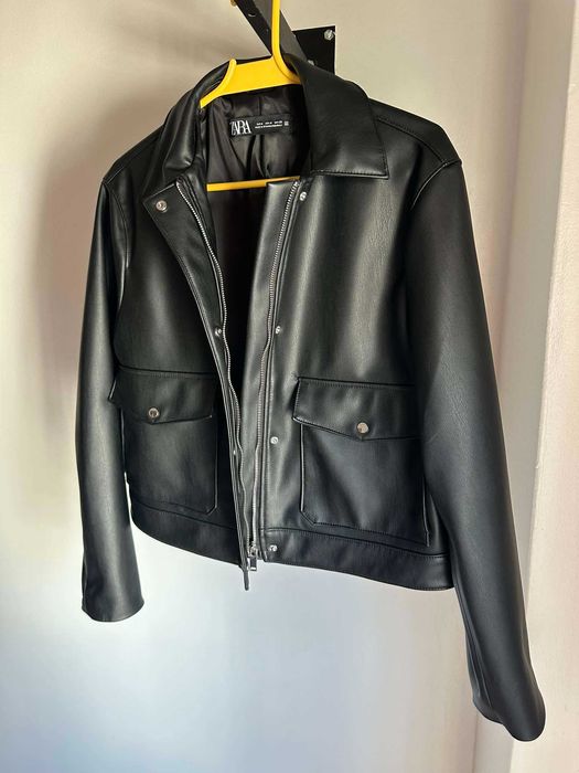 casaco cabedal Zara M blusao biker efeito pele mulher preto