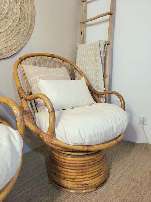 2 cadeiras, poltrona, rotativas, bambu, rattan, vintage, rustico