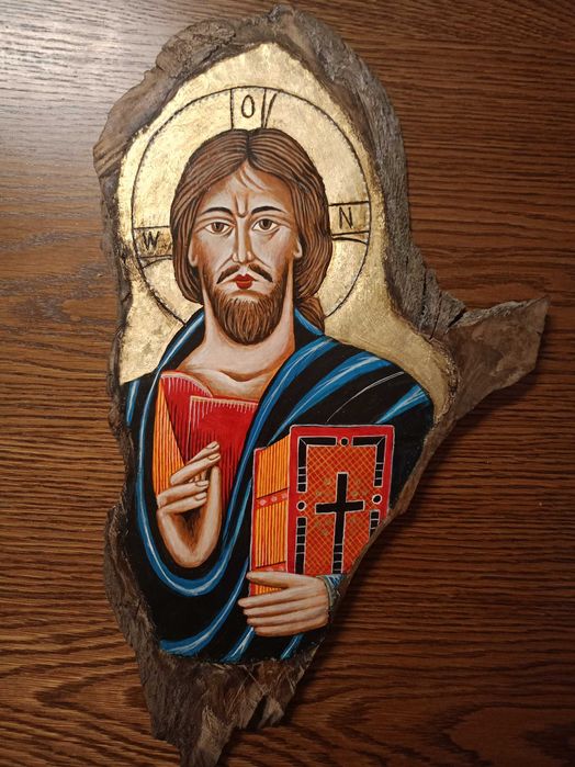 Ikona Pantokrator Jezus Chrystus na desce z pniaka