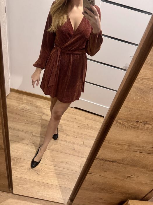 Sukienka kopertowa L ceglana ceglasta brokat