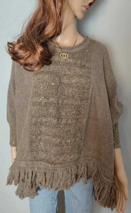 Sweter oversize ponczo brązowy brąz nowy frędzle narzuta ciepła