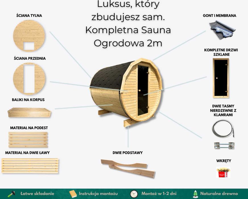 Sauna beczka ogrodowa do złożenia samodzielnego montażu drewno
