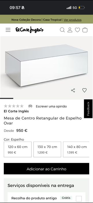 Mesa de Centro Retangular de Espelho Ovar