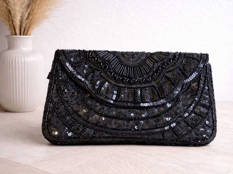 Elegancka torebka Bijou Brigitte czarna cekiny kopertówka wieczorowa