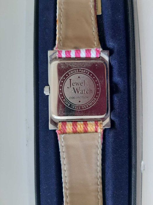 Relogio riscas Brancas e Rosa - jewel parts, swarovski crystal