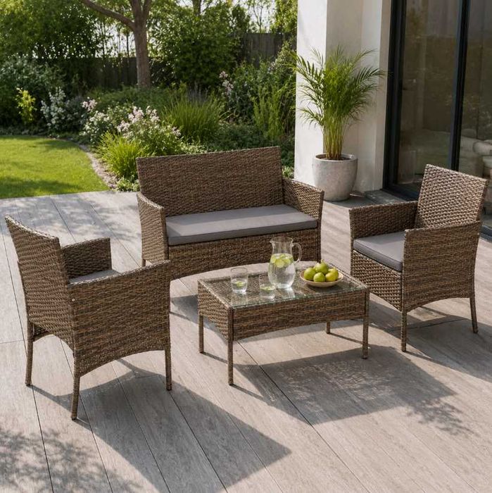 NOWY Zestaw Mebli Ogrodowych Technorattan Sofa 2 Fotele Stolik Taras Balkon Ogród Poduszki Szklany Blat 4 Osoby Meble Tutystyczne
