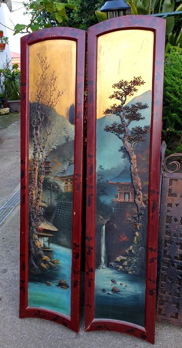 Pair of Fantastic Large Hand-Painted Asian Paintings