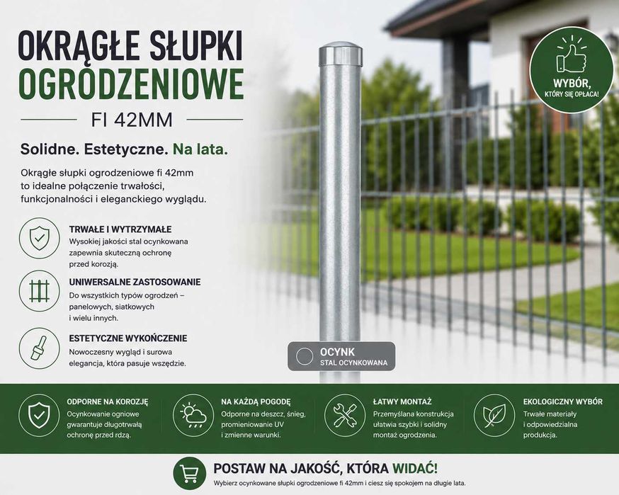 Słupek do siatki ogrodzeniowej fi 42mm x 1,5mm OCYNK różne wysokości