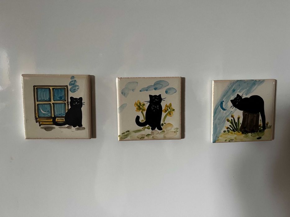 Conj 3 azulejos 7x7cm pintados à mão com íman. Motivo: gato preto