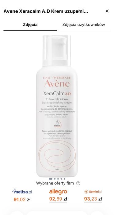 Avene Xeracalm A.D Krem uzupełniający lipidy 400ml