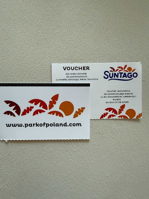 2 bilety do SUNTAGO - wszystkie strefy ważne do 31.08.2026.