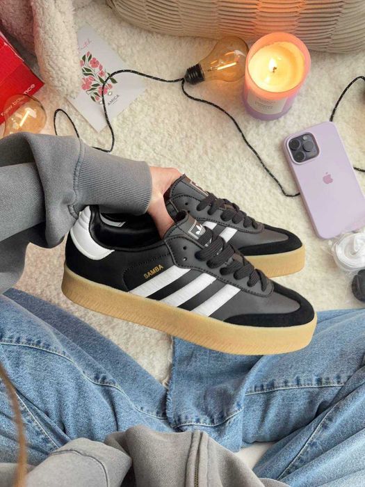 Жіночі кросівки Adidas samba чорні шкіряні на товстій підошві