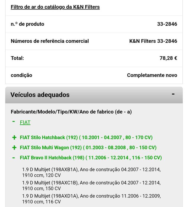 Filtro Ar K&N Fiat Bravo II 198 1.9 D MultiJet