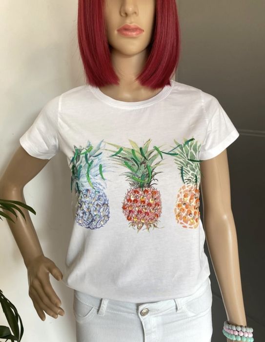 T-shirt biały z nadrukiem ananasów, 100% bawełna, rozmiar S