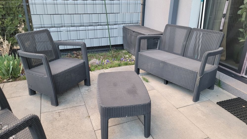 Meble ogrodowe kanapa, stolik i 2 fotele - USZKODZONE.