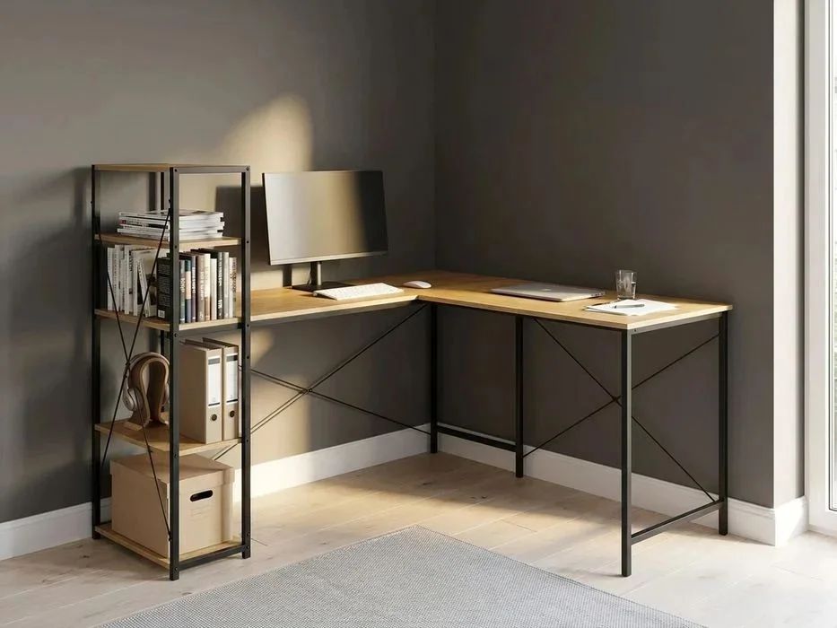 NOWE Duże Biurko Narożne z Regałem 140x145 cm Loftowe Metalowe Komputerowe Gamingowe Do Biura Gabinetu Royal Oak Black Oak FAKTURA!