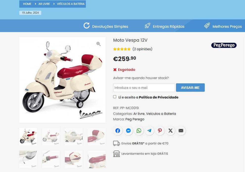 Mota Elétrica Criança - Vespa - Peg-Pérego