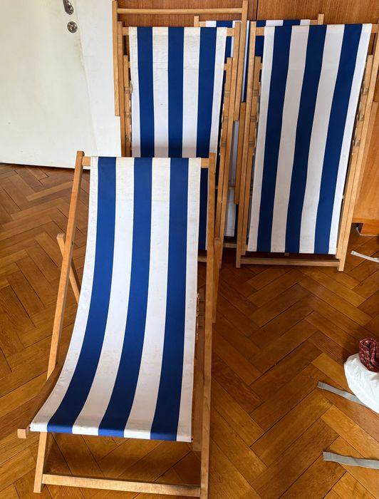 Drewnianie leżaki w paski biało niebieskie x4
