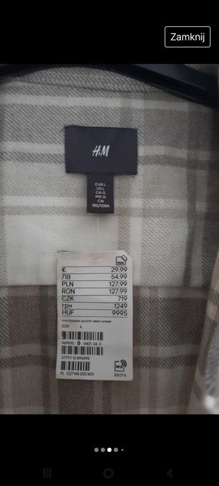 Koszula ciepła w jasną kratę L/XL H&M