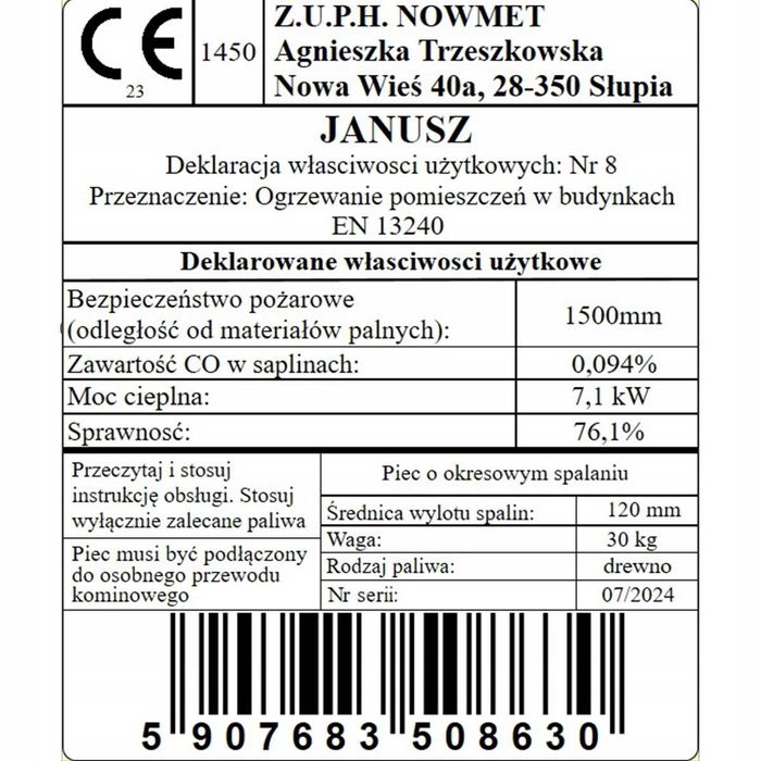 Stalowy Piec Wolnostojący szamot KOZA Janusz
