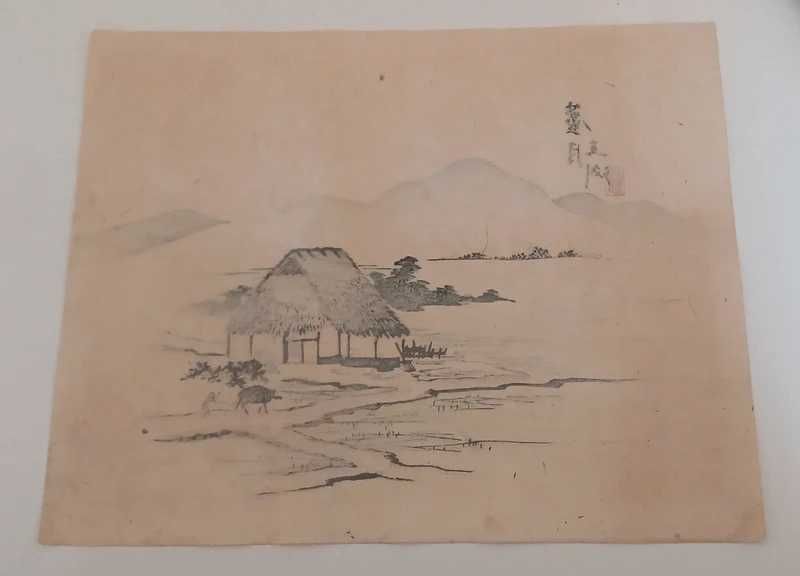 Xilogravura japonesa original de Yoshimi Rogetsu  Paisagem rural Período Meiji (1867–1912)