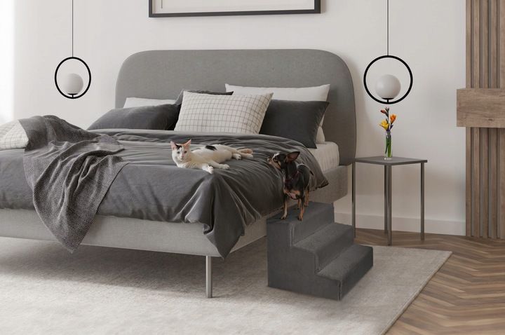 Schodki Dla Psa 3-stopnie Tapicerowane Ciemnoszare Podest Dla Psa Do K