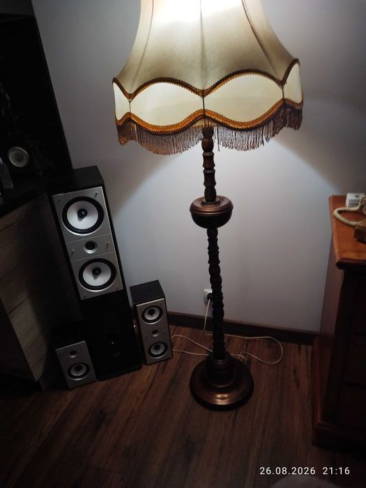 Lampa stojąca stara drewno mosiądz