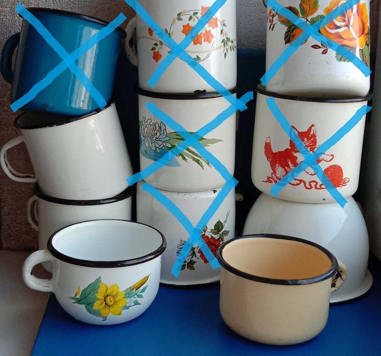 Эмалированные кружки. Белые, желтая, с рисунком. 5 шт. Посуда СССР