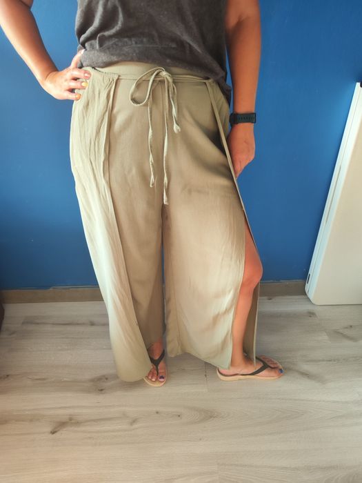 Spodnie szerokie hippie khaki wiskoza len przewiewne 40 L