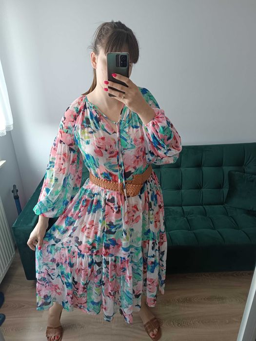 Sukienka bufiaste rękawy długa maxi kwiaty kwiatki