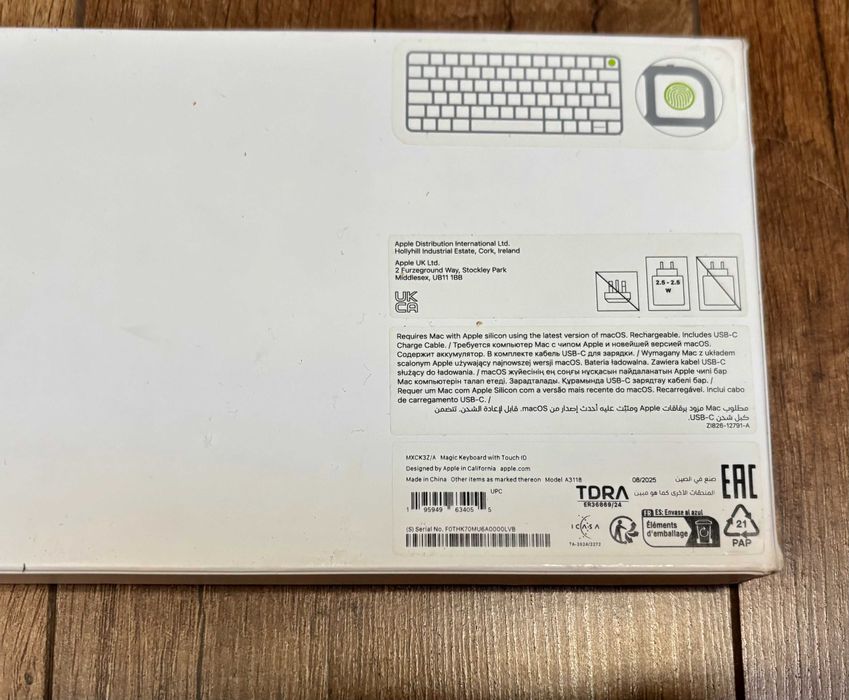 Klawiatura Apple Magic Keyboard z Touch ID – model A3118 USB C biała QWERTY