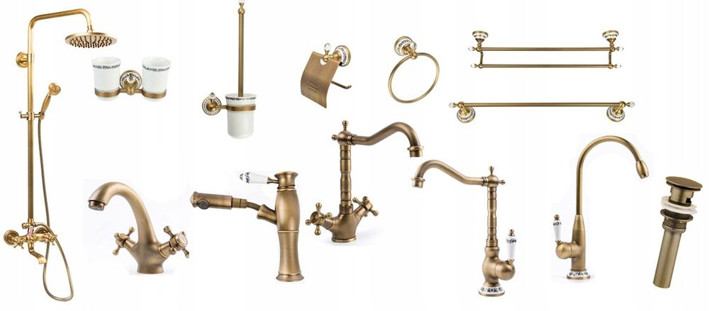 RETRO bateria umywalkowa wannowa stare złoto