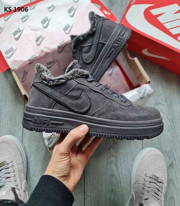 Мужские зимние кроссовки на меху Nike Air Force "Grey" 40-44