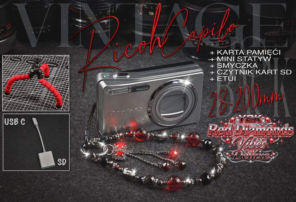 Vintage Y2K Digicam Digital Cyfra CCD digitalny cyfrowy aparat kompaktowy Ricoh + Statyw. Czytnik kart SD, etui, 1 GB SD, pasek