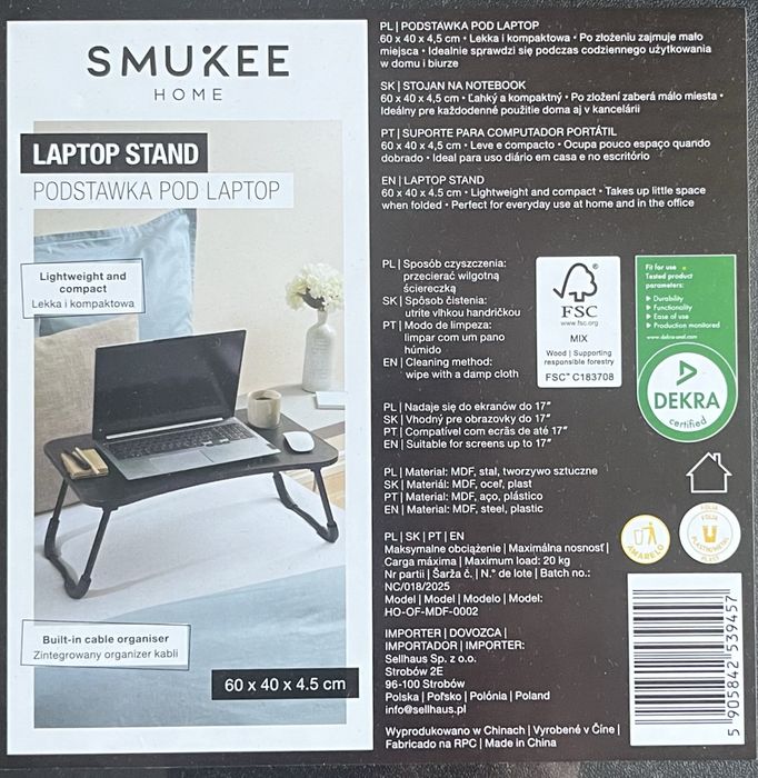 Stolik pod laptop Smukee czarny 60x40 cm miejsce na kubek i tablet