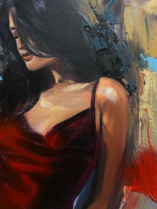 CZERWINA SUKIENKA obraz olejny na płótnie 75x55 cm, abstrakcja