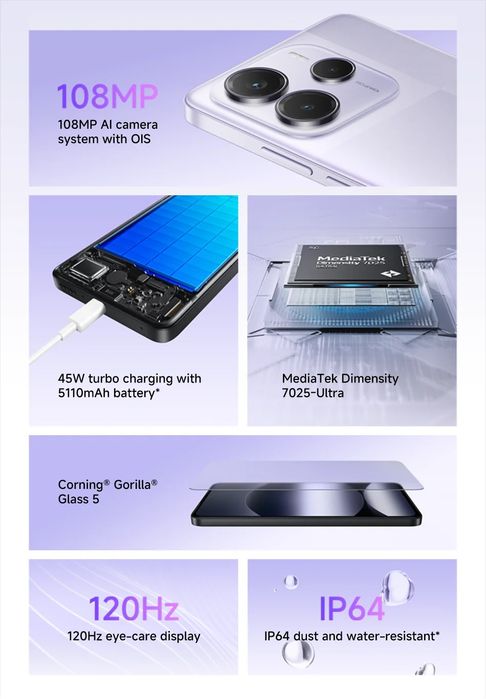Redmi Note 14 5G Global Version 8/256 GB (NFC, 6,7", 120 Гц, MTK 7025, 108 Мп) Midnight Black/Lavender Purple