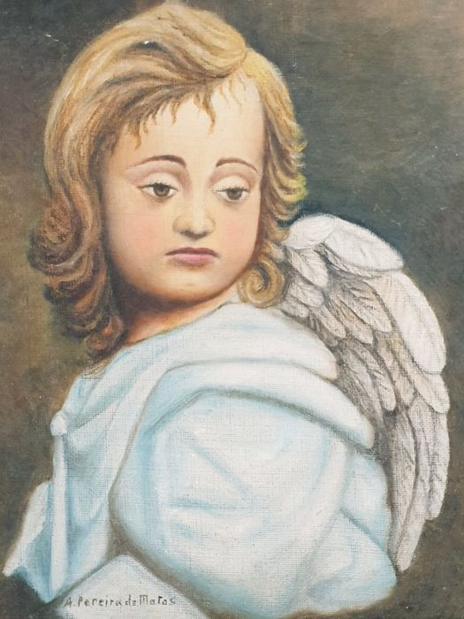 Amorosa antiga pintura de um anjinho - assinada A. Pereira de Matos