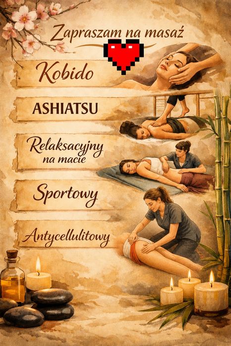 Masaż relaksacyjny,  ASHIATSU,  kobido, sportowy