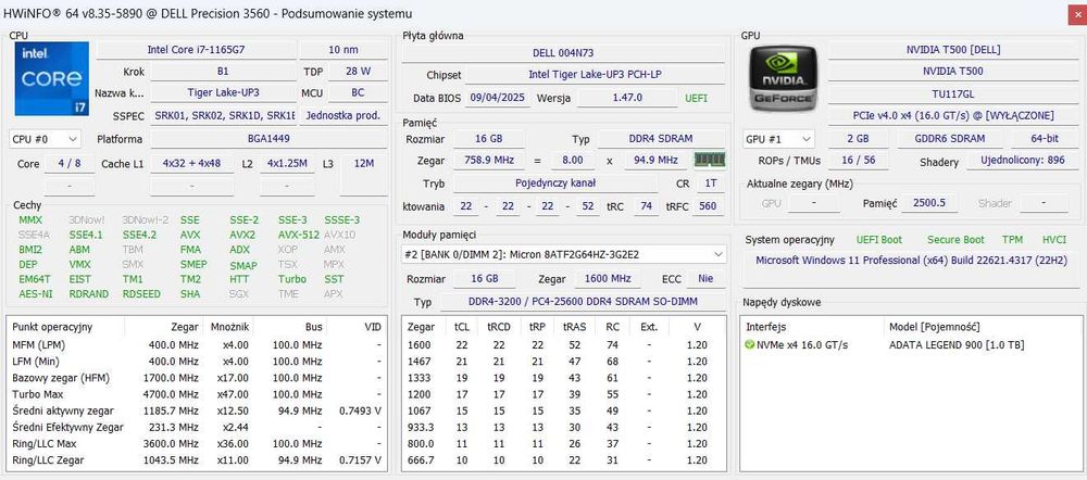 Dell Precision 3560 i7 1165G7 16 GB DDR4 1 TB SSD T500 2GB GDDR6 15,6"