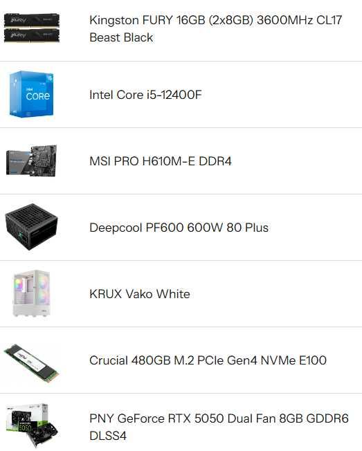 Nowy komputer stacjonarny i5 12400F/RTX 5050/ 16GB RAM/ 480GB M2 SSD