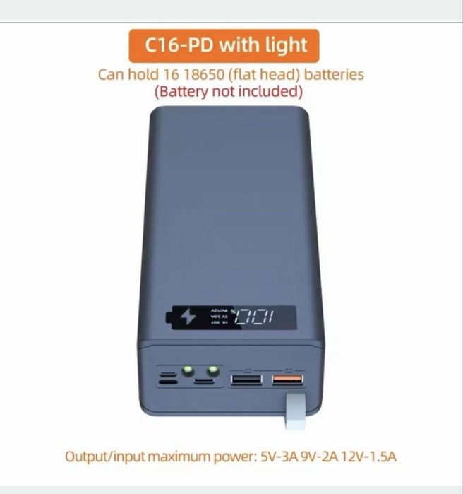 Power Bank 45 000 mAh (16×18650) PD 18W + Ліхтарик