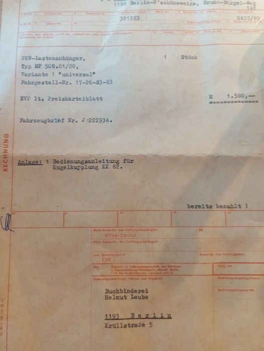 Stary rachunek za kupno przyczepki DDR