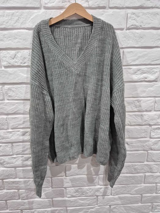 Sweter oversize casual basic luźny splot dekolt V rozm XXL (44)
