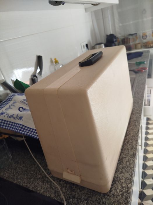Máquina de costura com mala de proteção