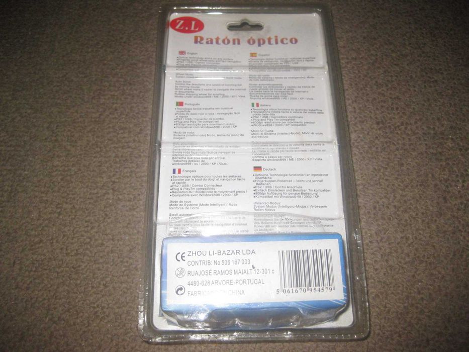 Rato Óptico PS2/USB da "Z.L." Novo e Embalado!