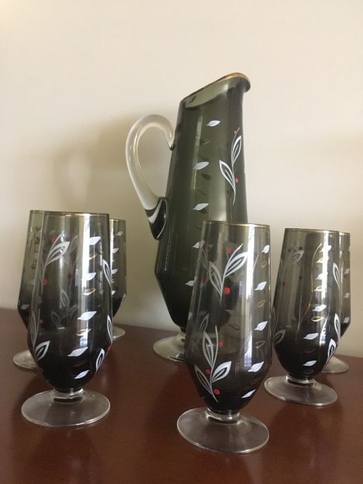 Conjunto de jarro e 6 copos antigos pintados à mão